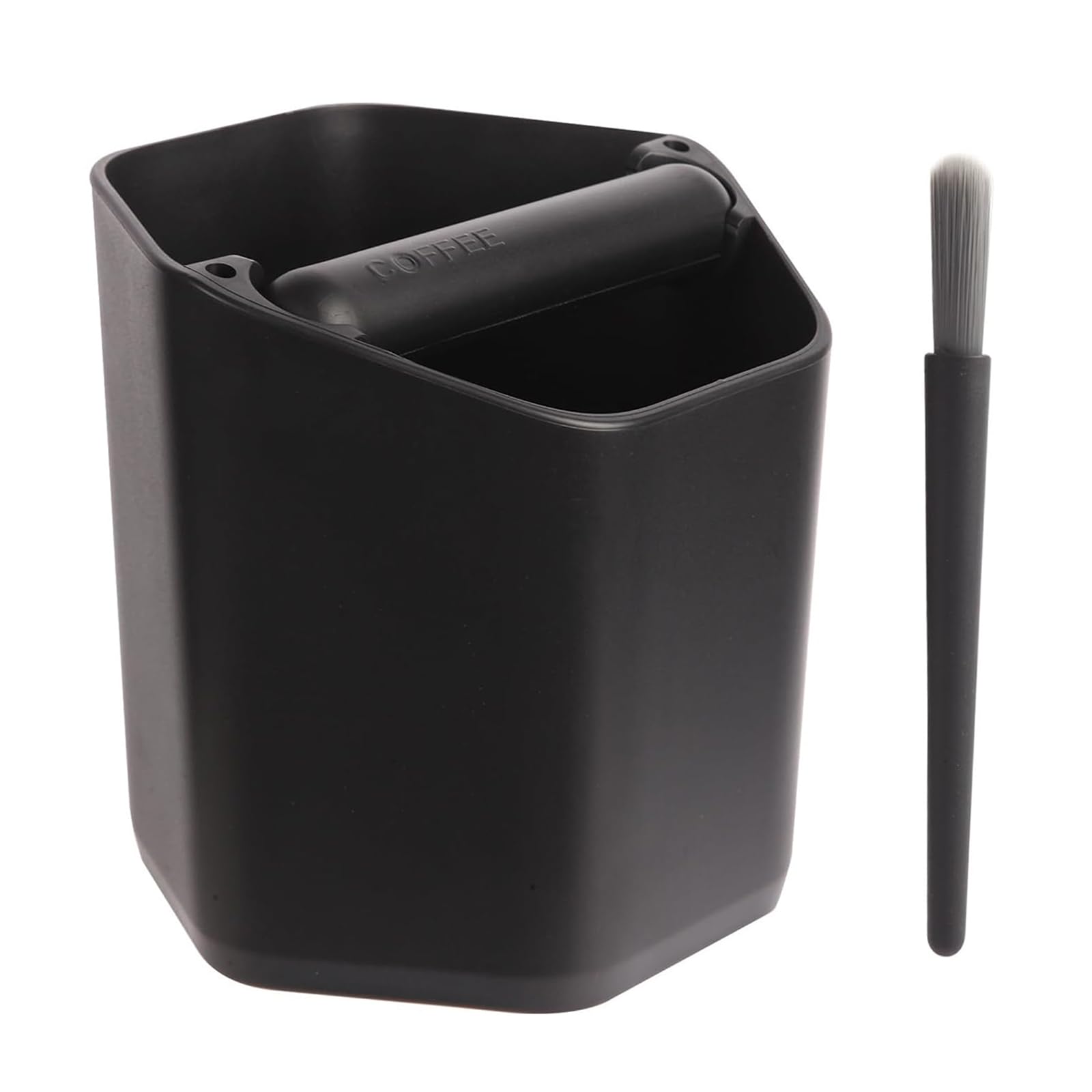 Sandiyago Coffee Knock Box, 1.8L Espresso Knock Box, Barista Coffee Machine Accessories, Shock-Absorbent Coffee Bin with Removable Rubber Knock Bar and Non-Slip Base, Black (with Coffee Brush)