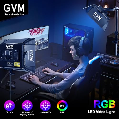 Image of GVM RGB Photography Lighting Kits with 2 Softboxes, 880RS 60W Studio Lights with Bluetooth Control, 2 Packs Video Light with 18 Lighting Scenes, led Panel Lights for Video Recording, 8330lux /0.5M