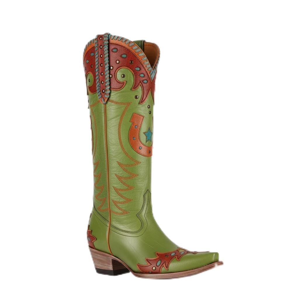 VARECOLA Womens Western Knee-High Boots - Comfortable Slip-On Style with Embroidered Floral and Star Patterns Durable Leather Ideal