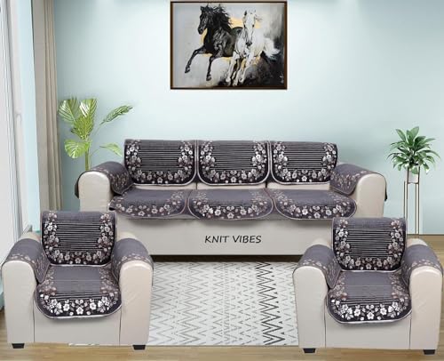 Image of Premium Jaquard Velvet Fabric Sofa Cover Set for 5 Seater Sofa, 5 Seater Velvet Cover with 6 Pcs of Arms Included, Total 16 Pcs Grey Color Sofa Cover,Flower Lines