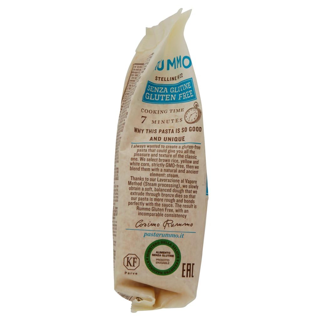 Pasta Rummo Stelline sin gluten n° 22, bronce dibujado sin glutema, perfecto para personas con enfermedad celíaca o intolerancia al gluten, 10 x 400 g + Polpa italiana Gourmet 400 g