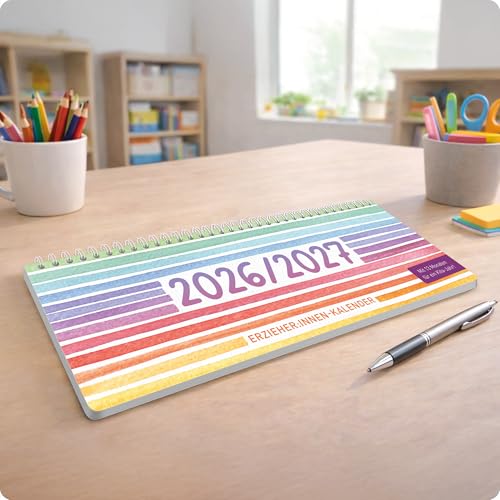 Häfft® Tischkalender Erzieher & Erzieherinnen 2026/2027 „Color Stripes“ – Kita-Planer 13 Monate (Aug 26–Aug 27) – Wochenkalender für Kindergarten & Kita – Querformat, Ringbindung