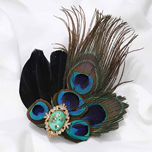 Genbree 1920S Flapper Headband Peacock Feather Hair Clip Black Feather Headpiece Turquoise Gatsby Hair Clips Prom Party Head Accessories For Women #TOP1