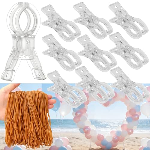 10 Pinces transparentes pour arche de ballons et 200 élastiques longs de 8,9 cm