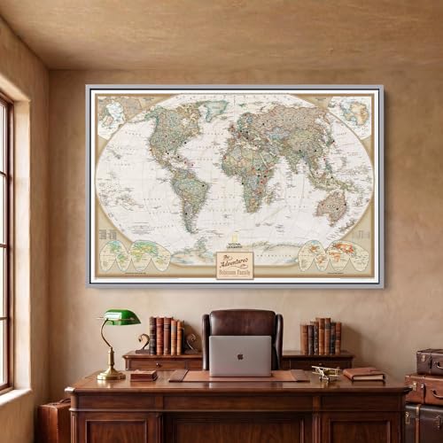 Image of Executive World Push Pin Map - National Geographic Antique Style Canvas Travel Tracker - Framed Wall Decor - Silver Float Frame - 24 inch x 36 inch