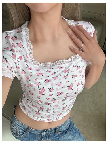 SweatyRocks Girl's Floral Print T Shirt Lace Square Neck Short Sleeve Vintage Vacation Tops4