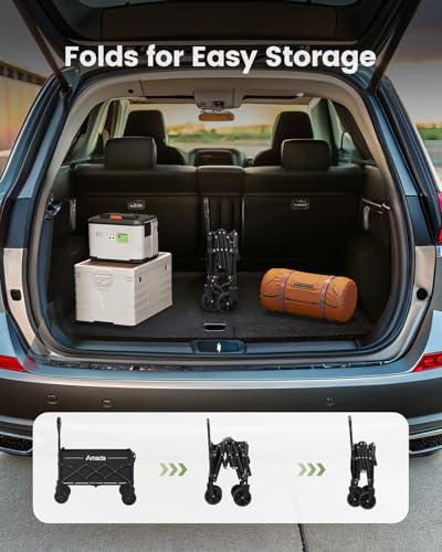 AMADA HOMEFURNISHING Bollerwagen faltbar, klappbarer Bollerwagen mit Maximalbelastung 163kg & Speicherung, Faltbarer Handwagen 90L mit 2 Getränkehaltern für Outdoor, Lebensmittel, Garten & Cam