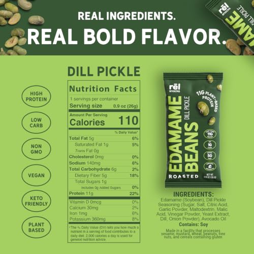 Image of Rel Snacks Dill Pickle Roasted Edamame Beans, High Protein Low Carb Snack, 11g Plant Protein, 1g Net Carbs, Keto, Vegan, Non-GMO, Made with Avocado Oil, 10 Single Serve 0.9 oz Packs
