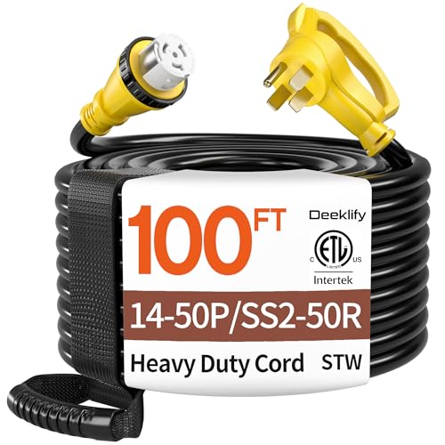 100FT 40 Amp Generator Cord NEMA 14-50P/SS2-50R Heavy-Duty 4 Conductors Cable Pure Copper STW RV Extension Cord Female Plug with Twist Lock Suitable for RV or Camper ETL Listed