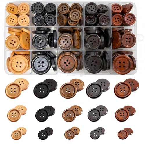 Assorted Wood Buttons for Sewing Crafts 190Pcs Handmade Mixed Sewing Wooden Buttons with Storage Box for Clothes Sewing Art DIY Craft 5 Color 3 Size (0.6in 0.8in 1in)