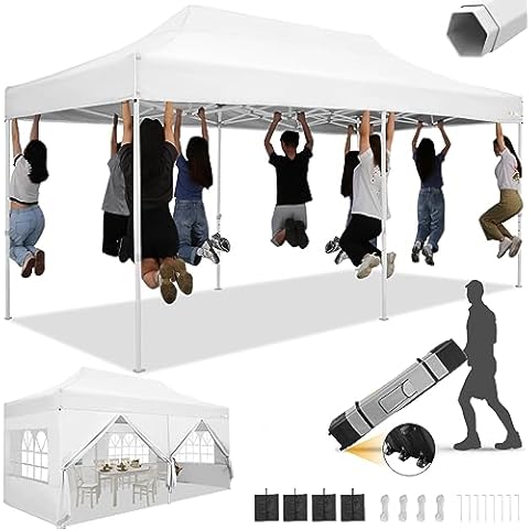 HOTEEL 10x20 Heavy Duty Pop Up Canopy Tent with Sidewalls, Commercial Outdoor Canopy Tents for Parties Event Wedding with Roller Bag, Waterproof & UV 50+, Upgraded Thickened Hexagonal Legs, White Cover