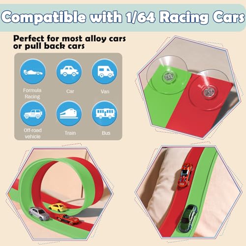 Image of Flex Tracks 15 Ft Starter Set, Flexible Race Track for Kids 3+ with Strong Suction Cups, Flexible Car Track Race Car Ramp Track Compatible with 1 /64 Diecast Cars, Portable Rolls Up Race Tracks