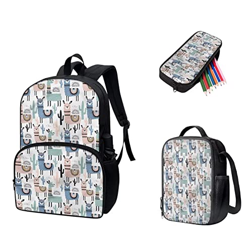 Coeqine 3 Pieces School Book Bag Lunch Bag Pen Case Holder Set For Kids Print Cute Alpaca,Girls Boys Student Backpack Shoulder Strap Adjustable #TOP1