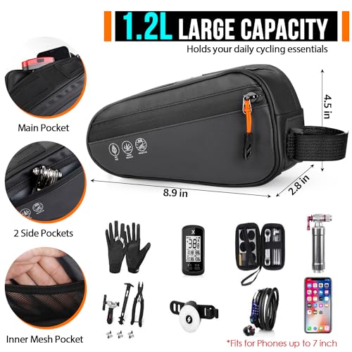 Image of WOTOW Bike Frame Bag - 3 Ways Installation Water Resistant Reflective Bicycle Top Tube Bag with Two Side Pockets, Ebike Cycling Triangle Bag Pouch Accessories for MTB Road Travel (1.2L)