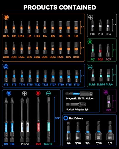 Image of toolant Impact Driver Bit Set,52-Piece S2 Steel Screwdriver Bit Set,Hex,Torx,Phillips,Slotted,Square Bits and Nut Driver with Case