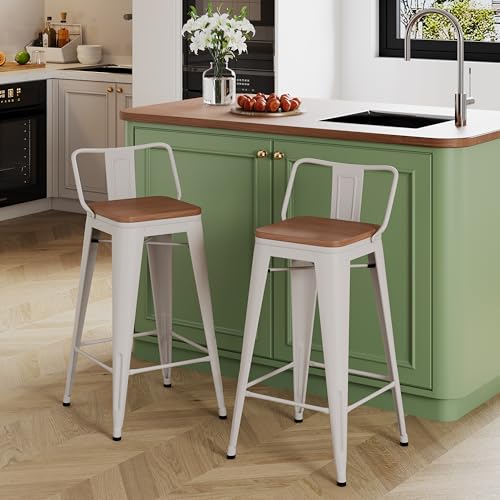 Image of Yongchuang 30 inch Bar Stools Set of 2 Kitchen Bar Height Chairs with Wood Seat Industrial Low Back Metal Barstools Cream White