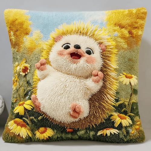 XDEGHUANGSS Juego de cojines de nudos de 43 x 43 cm, juego de ganchos de latch para adultos y niños, funda de almohada bordada, erizo de flores de margarita, juego creativo para principiantes, cojín