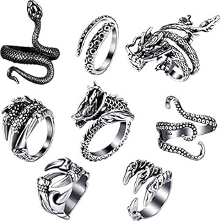 Hicarer 8 Pieces Vintage Punk Rings Dragon Snake Octopus Adjustable Ring