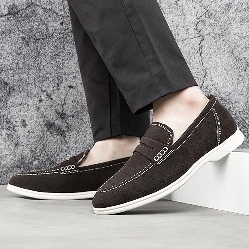 Image of Meijiana Men's Genuine Leather Loafers Slip-On Moccasins Suede Dress Shoes, Lightweight and Breathable with Rubber Sole Stylish Mens Loafers
