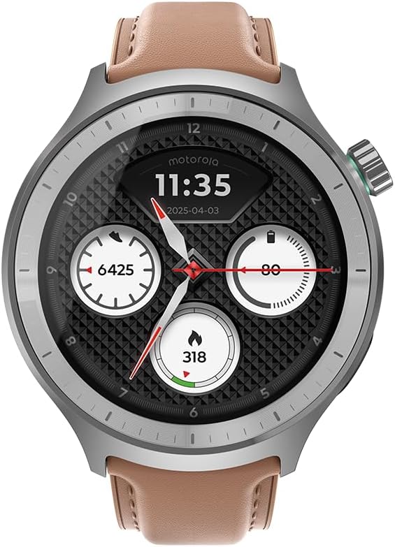 Motorola Moto Watch, OLED 1.4" Display, Bluetooth 5.3, Moto AI, Round, White Leather Band, Built-in GPS, Waterproof, for Android Devices (Mocha Mousse)