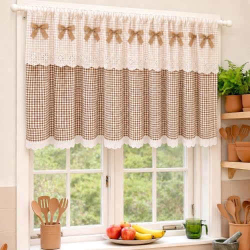 Novabright Beige Brown Gingham Short Curtains with Bow Farmhouse Plaid Lace Cabinet Tier Curtain Rod Pocket Checkered Window Kitchen Valances for Closet Cover Sink Skirt Bathroom 59" W x 24" L