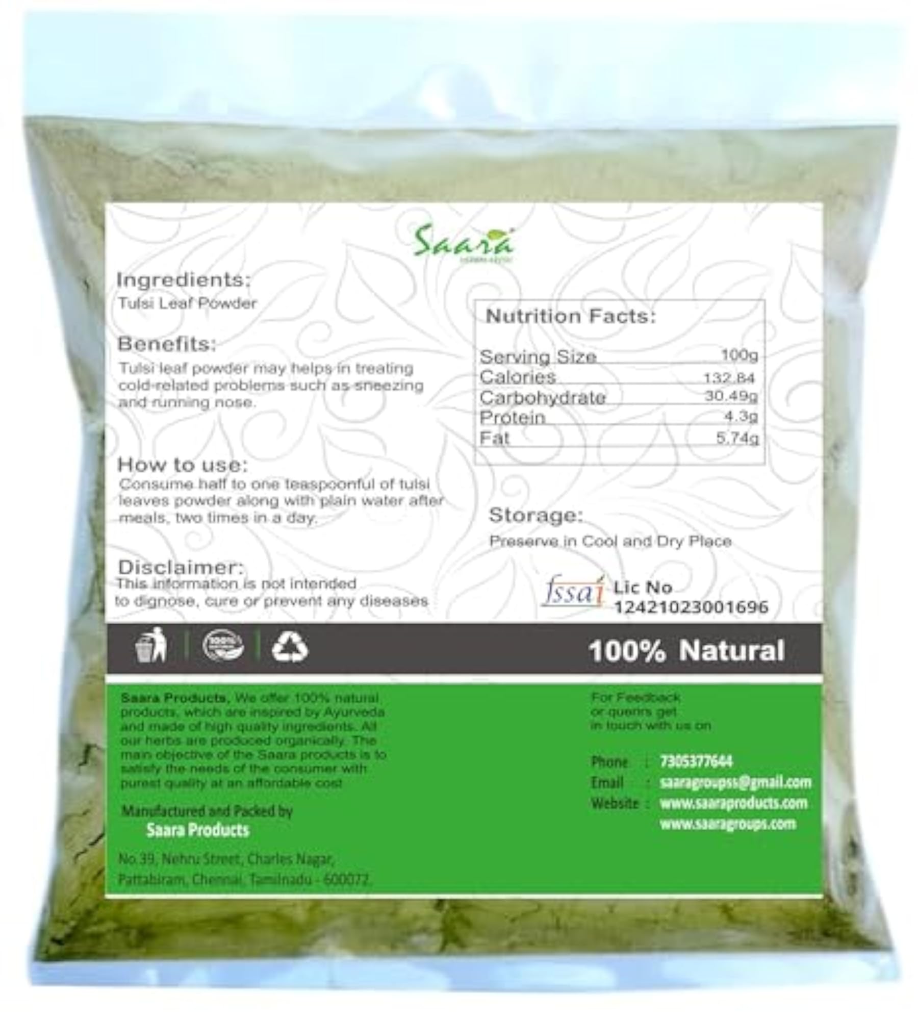 Saara HERBAL FRESH Tulsi Leaf Powder, 70g