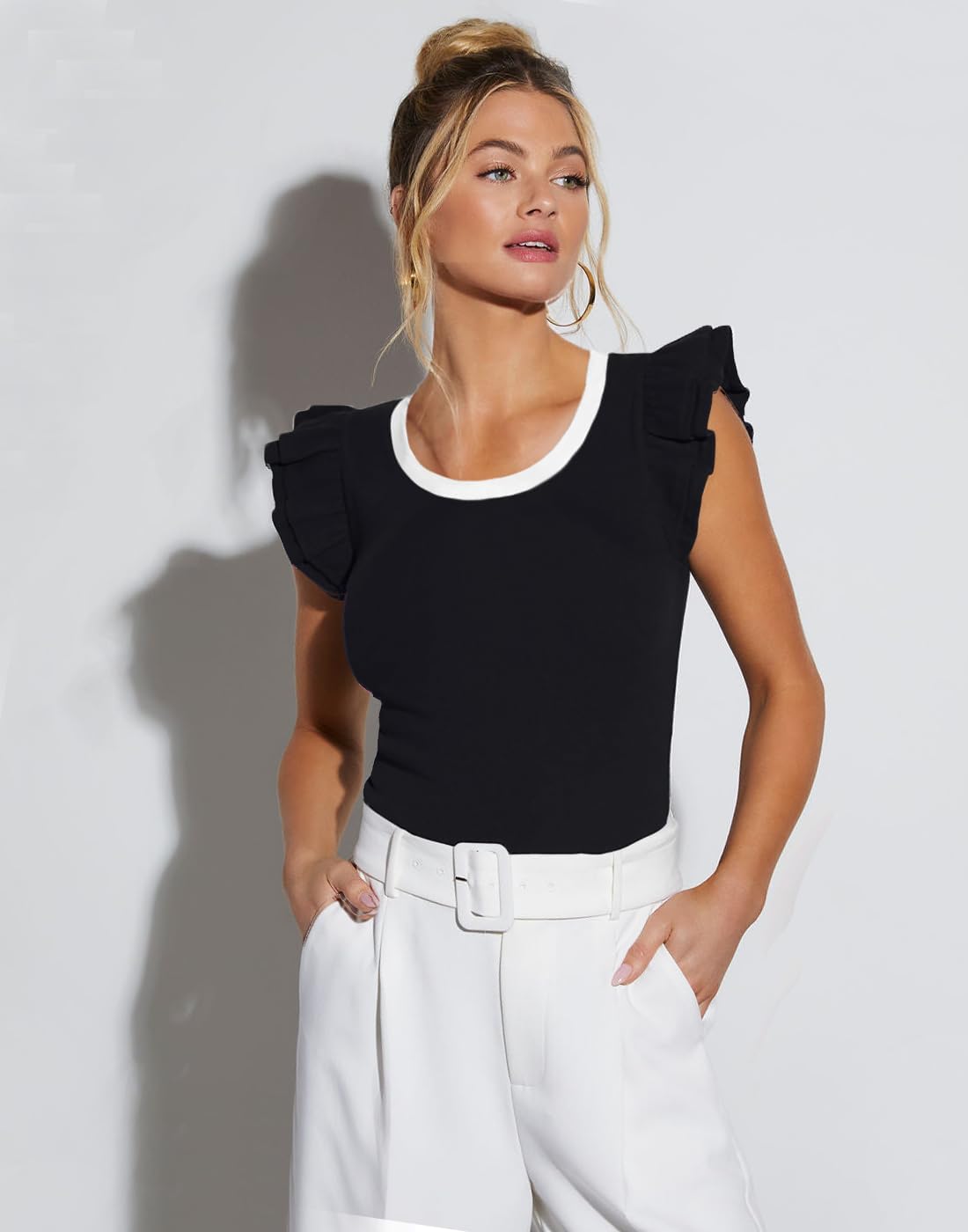 Dressmine Womens Ruffle Tops Summer Ribbed Short Sleeve Shirts 2026 Trendy Casual Crewneck Slim Fit Tank Top Cute Blouses - Image 2