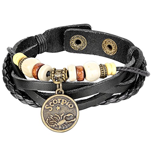 JewelryWe Lederarmband Herren Damen Sternzeichen: Skorpion Legierung Holz Leder geflochten Armband Tierkreis Horoskop Druckknopf Verstellbare Größen Armreif Wickelarmband Surferarmband Schwarz