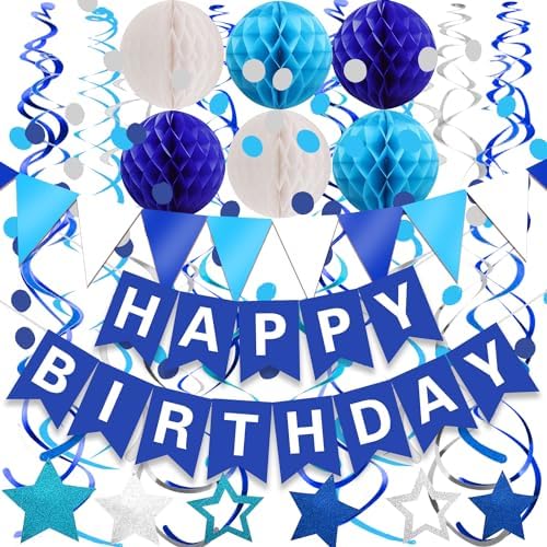 FECEDY Navy Blue Happy Birthday Paper Banner Flag Bunting Circle ...