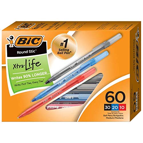 BICRound Stic Xtra Life Ballpoint Pens, Medium Point, 1.0 mm, Assorted Colors, Pack of 60 Pens