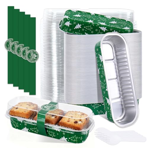 FYSUIMU 100 Pcs Christmas Mini Loaf Pans with Lids and Forks 6.6 x 2.6 x 1.2 Cake Pans Green Xmas Tree Rectangular Aluminum Foil Baking Pan for Muffin Ramekins Party Picnic Supplies