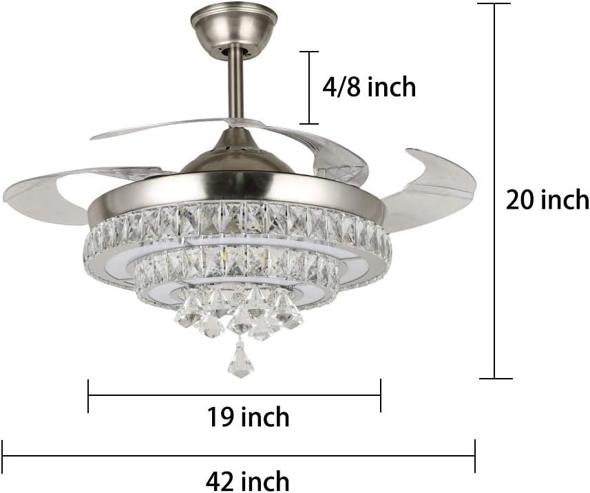 42 inch Crystal Ceiling Fan with Light and Remote Control 3 Lights Level, Modern Indoor Invisible Retractable Chandelier Fans Lighting with 3 Speeds for Dining/Living Room Bedroom