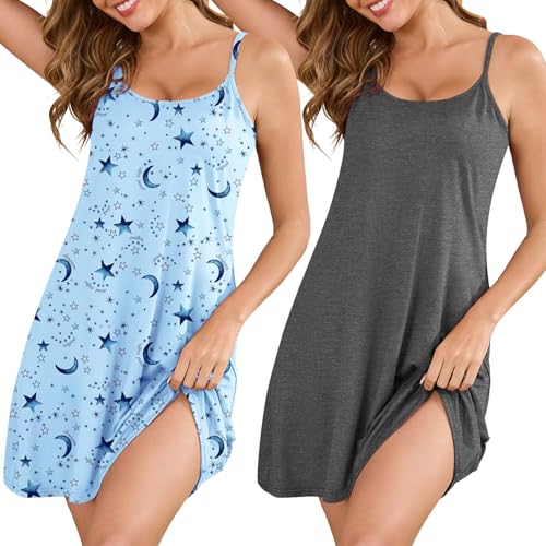 Marvmys 2 Pack Sleeveless Nightgowns for Women Spaghetti Strap Sleep Dress Sexy Sleepwear Short Night Gowns S-3XL X-Large Dark Grey & Bule Moon Star