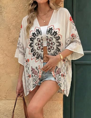 Image of Chunoy Women Floral Beach Wear Cover Up Chiffon Kimono Cardigan Open Front Blouse Top