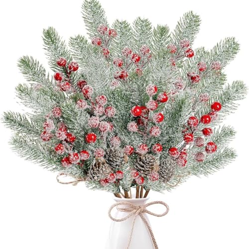CashMuch 8 ramas de bayas navideñas congeladas con nieve con conos de pino, follaje artificial de invierno rojo y blanco para decoración del hogar de vacaciones, 30 x 20 x 5 cm