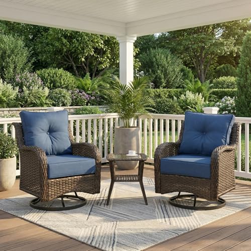 SAILARY Patio Furniture Set 3PCS Outdoor Wicker Conversation Set Porch Furniture with 6 Thick Cushions High Back Swivel Chairs Weather Resistant Olefin Fabric for Garden Poolside Navy Blue