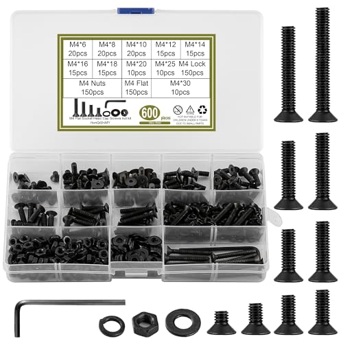 HonQiShiMY 600 Stück M4 Schrauben Set, Senkkopfschrauben Muttern Set, Innensechskant Schrauben mit Muttern Set, Flachkopfschrauben Sechskantschrauben Senkkopf Gewindeschrauben Set