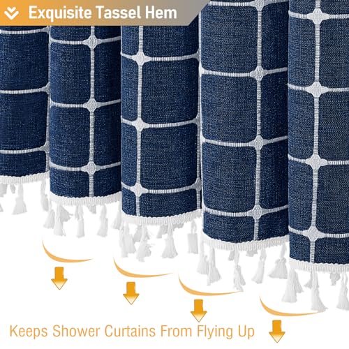 Image of BTTN Boho Farmhouse Shower Curtain - Linen Rustic Heavy Duty Fabric Shower Curtain Set with Tassel, Water Repellent, Bohemian Vintage Country Thick Cloth Shower Curtains for Bathroom, Navy Blue, 72x72