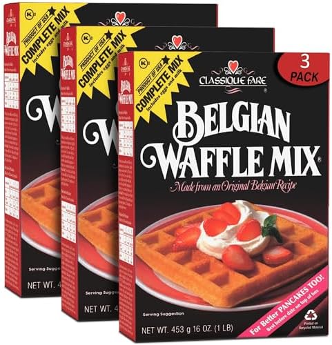 Classique Fare Belgian Waffle Mix - Makes Light and Crisp Waffles, Pancakes, Muffins and Crepes - Works with Griddle Maker - Fast and Fresh Breakfast Foods - 16 OZ Boxes (Pack of 3)