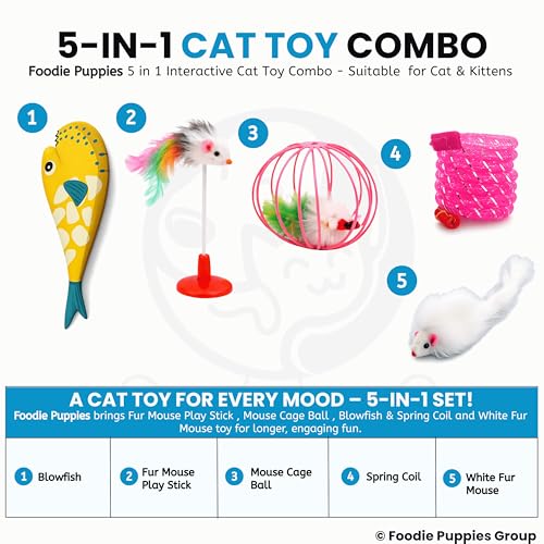 Image of Foodie Puppies 5-in-1 Interactive Cat Mini Toy Combo for Cats & Kittens | Blowfish Toy, Mouse Cage Ball, Spring Coil, Fur Mouse Stick & White Fur Mouse | Indoor Play & Exercise Toys