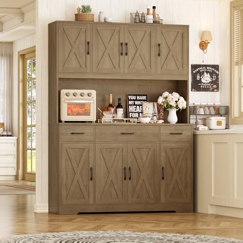 Image of HOSTACK 71 inch Tall Kitchen Pantry Storage Cabinet, 55 inch W Kitchen Hutch, Brown | Large Pantry Cabinet with Charging Station / Countertop / 3 Drawers, Farmhouse Hutch Cabinet with Storage for Dining Room