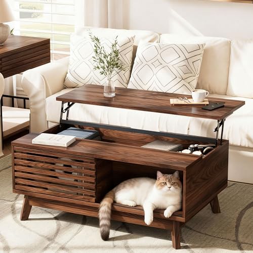 HAIOOU Lift Top Coffee Table, Mid Century Modern Coffee Table with Storage for Living Room, Walnut Coffee Tables with Sliding Fence Door, 35.4'' Rectangular Fluted Center Table (Brown)