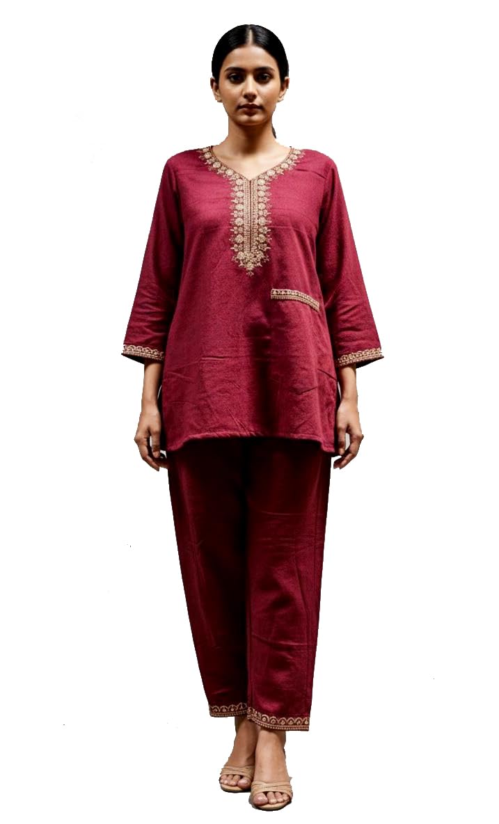 Women's Embroidered Tunic Top and Bottom Set, Black with Gold Detail, Long Sleeve Winter Nightsuit, Cotton Blend, 2 Piece-image-30