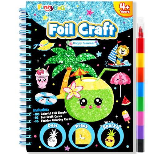 FUNNYB&G Foil Art Craft Kit for Girls 4-10 Years Old: Mess-Free & No-Glue, Create 16 Sparkly Happy Summer Pictures – Perfect Travel Toy & Birthday Gift for Kids(Summer