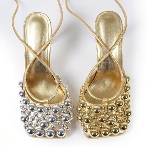 Image of Saint Leia Women's 4IN High Heel Sandals Nude Stiletto Pumps with Gold Silver Pearls Heels for Weddings Parties and Evening Wear