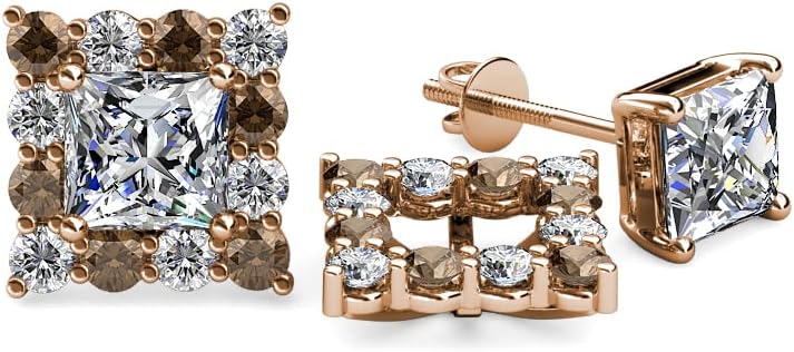 Smoky Quartz & Natural Diamond (SI2-I1,G-H) Halo Jacket for Princess Cut Stud Earrings 0.72ctw 14K Gold