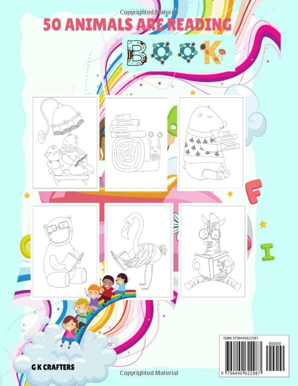 50 Animals Are Reading Books : unique coloring pages for kids: gift idea for boys and girls activity books image 3