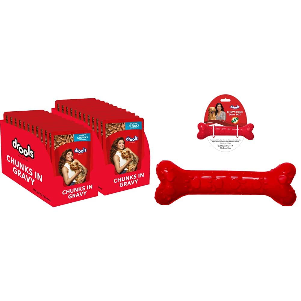 Drools Puppy Wet Dog Food, Real Chicken and Chicken Liver Chunks in Gravy, 24 Pouches (24 x 150g)&Drools Non-Toxic Rubber Dog Chew Bone Toy, Puppy/Dog Teething Toy (Medium) - 5 inches, Red (B0BP5FM1GY) Amazon Price History, Amazon Price Tracker
