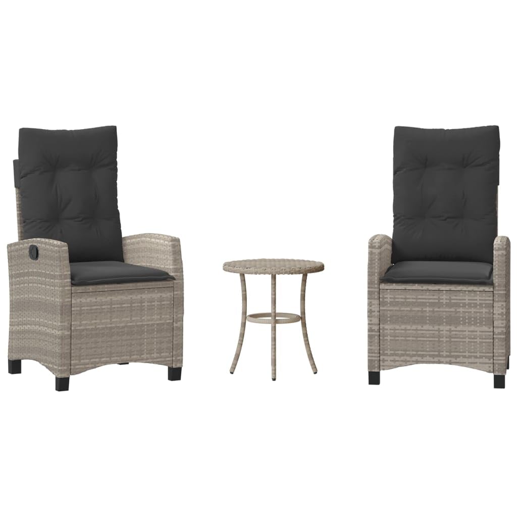 Set da 3 pezzi con cuscini grigio chiaro in polyrattan per giardino, balcone o terrazza con schienale regolabile e cuscini imbottiti spessi con rivestimenti sfoderabili