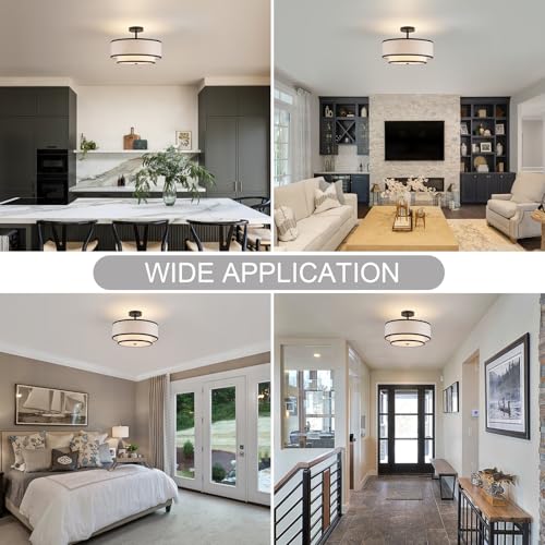 Farmhouse Close to Ceiling Light, 3-Light Flush Mount Ceiling Light Fixture with 2-Layer Fabric Shade, Modern Drum Ceiling Lamp for Hallway Bedroom Living Room (Black) - Image 6